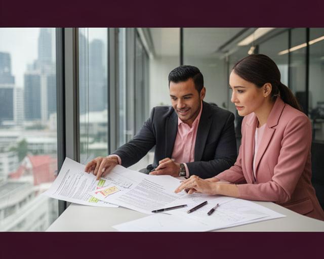 Singapore business professionals reviewing a marked-up commercial agreement beside a glass office window