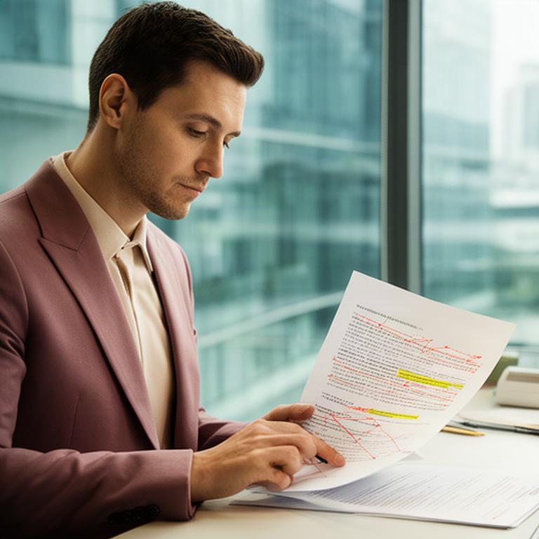 Singapore commercial lawyer reviewing a marked-up agreement beside a glass office window