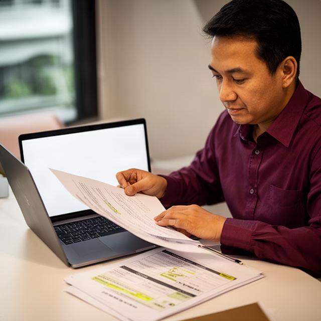 Singapore founder reviewing a client contract beside a laptop and marked-up scope document