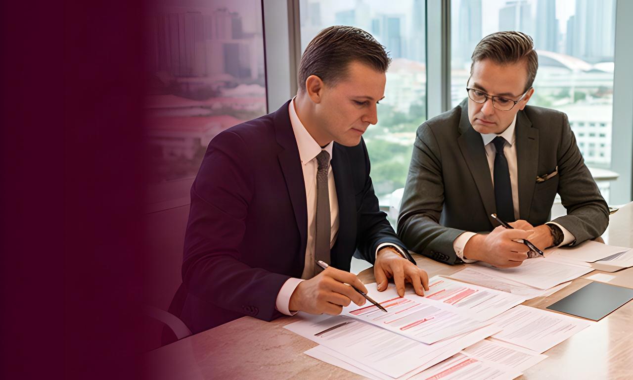 Singapore business advisers reviewing a marked-up commercial agreement beside a boardroom window