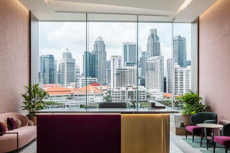Singapore commercial office reception overlooking the Raffles Place business district